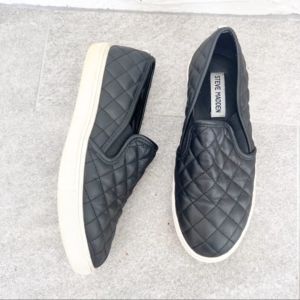 Steve Madden Shoes Black Ecentrcq Quilted Slip On Sneakers Womens Size 6 - Picture 4 of 6